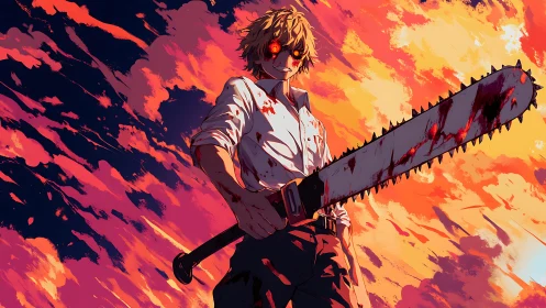 Bloodstained chainsaw wielder under incendiary anime sky.