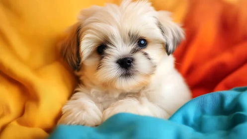 Small fluffy puppy resting on bright colorful blankets.