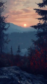 Twilight sun descending over misty forested mountain valley.