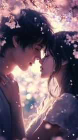 Cherry blossoms pause time as two lovers drift toward a kiss
