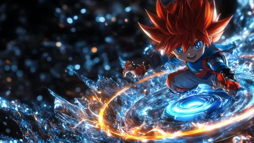 Anime hero rides blazing water vortex in dynamic motion.