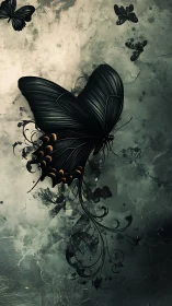 Black butterfly illustration shows ornate wings in smoky space