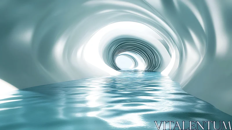 3D aqueous tunnel corridor with luminous reflective surfaces.