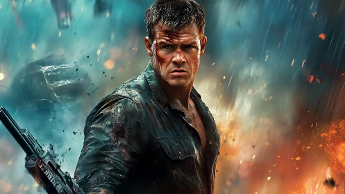 Battle-hardened soldier amid rain, fire, and chaos storm.