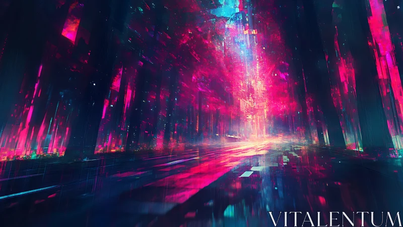 Neon-saturated cyber corridor with volumetric light and motion blur