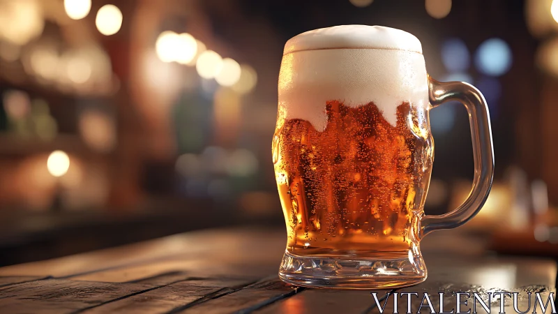 Glass beer mug stands on wooden bar surface in soft focus