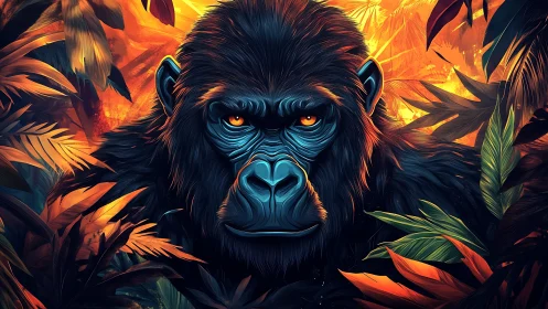 Digital gorilla portrait centers frontal gaze amid foliage