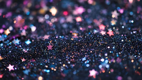 Colorful star confetti scattered across dark glittered surface.