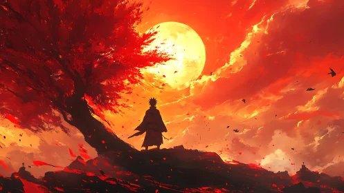 Silhouetted figure under red tree before large setting sun.