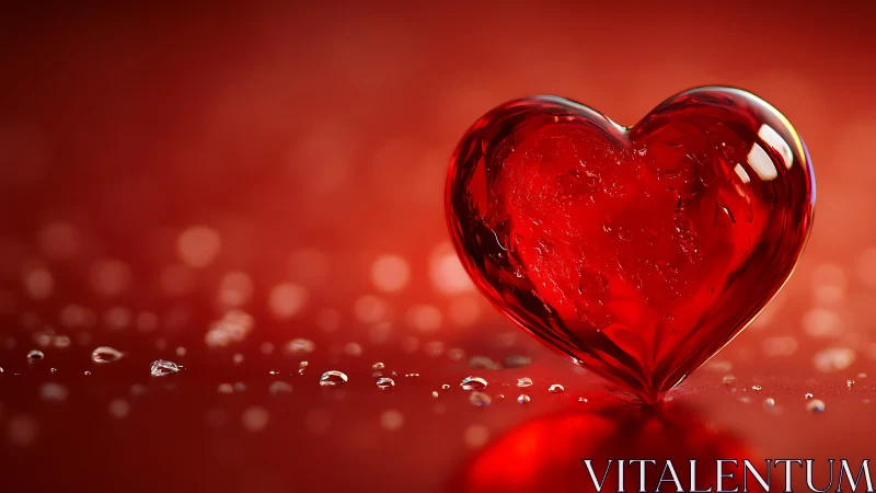 Glass Heart Form with Water Droplets on Red Surface