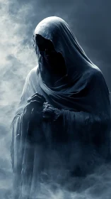 Hooded wraith rising through dense swirling fog at night.