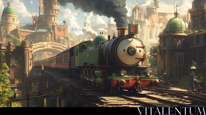 Steam locomotive crossing ornate steampunk city viaduct.