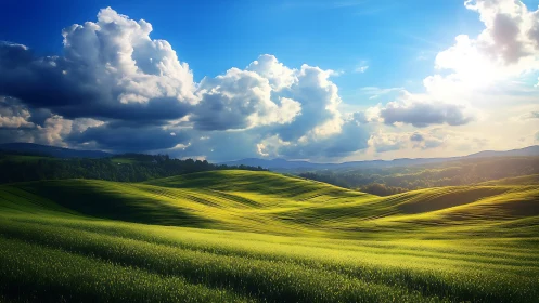 Sunlit rolling hills under towering summer clouds.