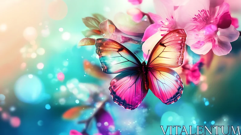 Iridescent butterfly poised among luminous spring blossoms.