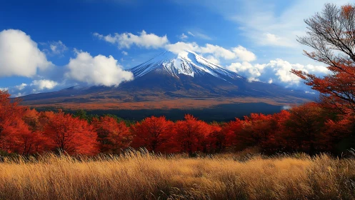 Crimson autumn fields beneath a quiet snow crowned mountain.