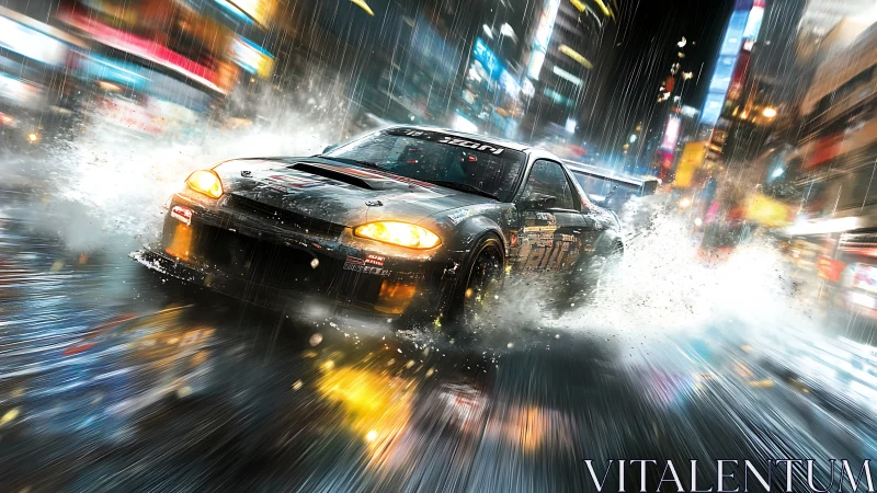 Rain-soaked street racer drifting through neon city night.