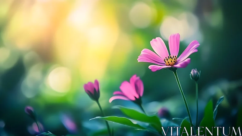 Pink Cosmos Flowers in Golden Morning Light.
