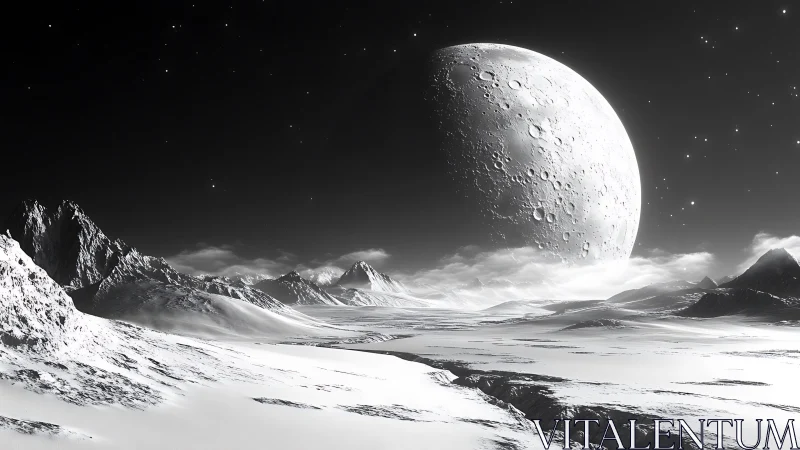 Frozen alien valley unfolds beneath a looming cratered moon
