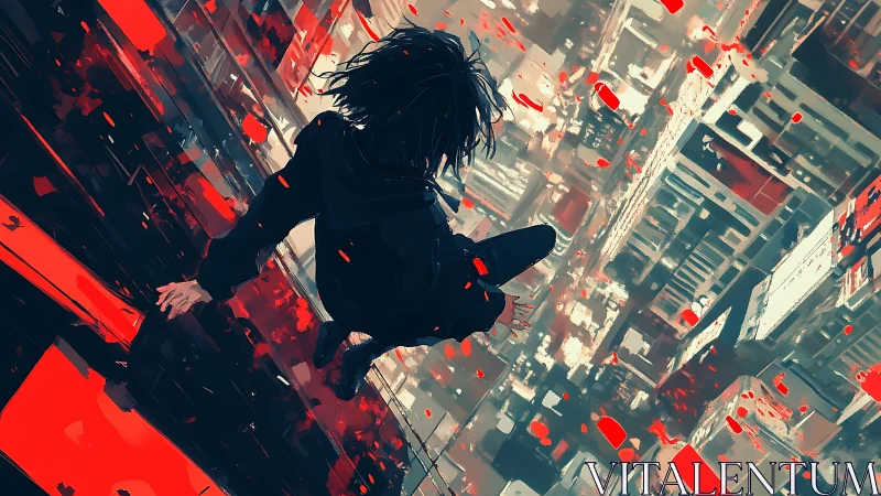 Cyberpunk freerunner perched above chaotic neon cityscape.