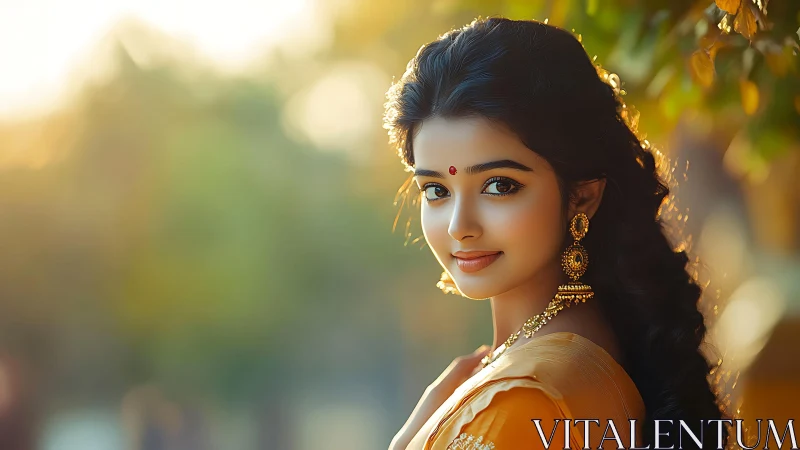 Backlit portrait of woman in saffron saree with gold jewelry