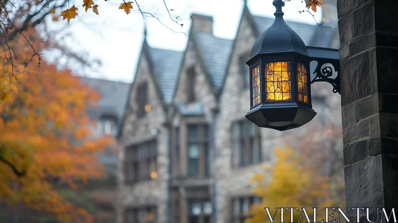 Wall-mounted lantern before stone building in autumn.