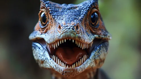 Smiling dinosaur head reveals razor teeth in lush forest light