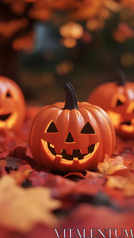 Glowing jack o&rsquo; lantern among vivid autumn leaves.
