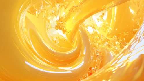 Abstract golden swirl with glass fragments, digital art in vibrant style.