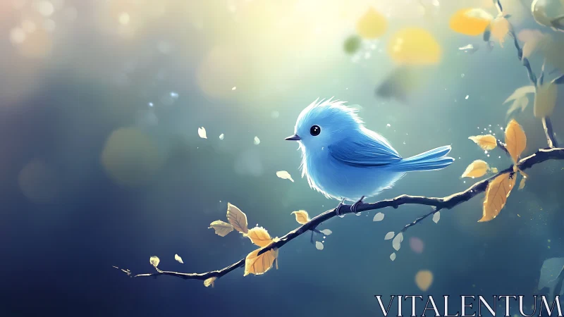 Cute blue bird perched on autumn branch in dreamy digital art.