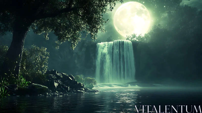 Moonlit forest waterfall with reflective river surface.