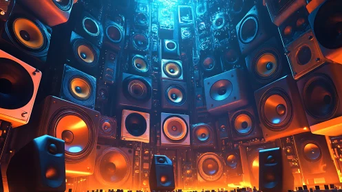 Cathedral of roaring speakers in neon fire and electric blue.