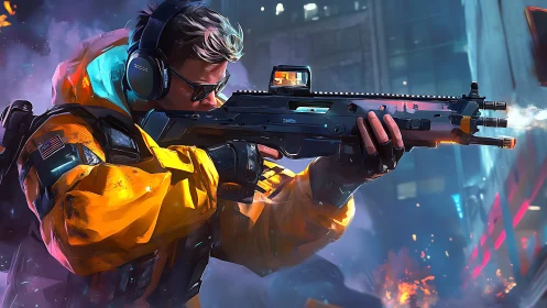 Cyber soldier aims tactical rifle amid neon firefight