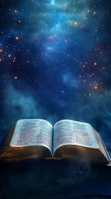 Illuminated open Bible beneath luminous blue cosmic starfield