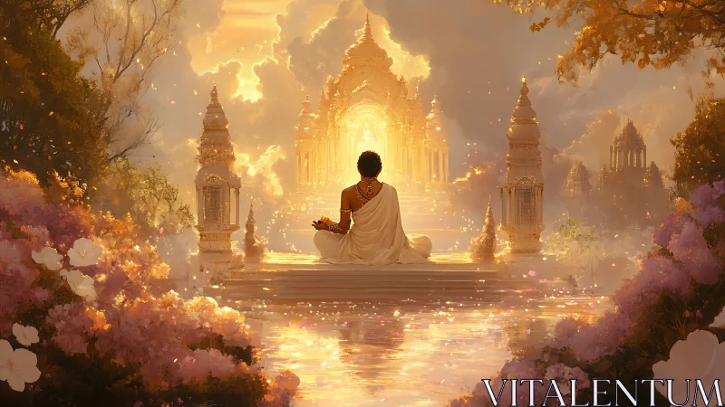 Meditative figure contemplates luminous celestial temple portal
