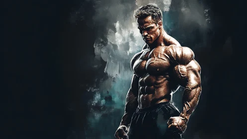 Bodybuilder study in dramatic chiaroscuro and teal accents.