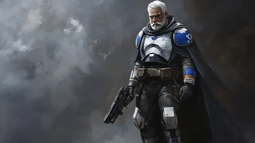 Veteran exosuit sentinel with plasma sidearm in storm haze.