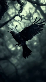 Majestic Raven Takes Flight Through Misty Woodland