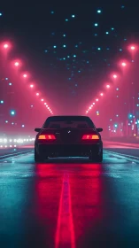 Neon dusk pursuit with a lone coupe on glowing rain streets.