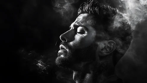 Calm profile in swirling smoke and soft monochrome light.