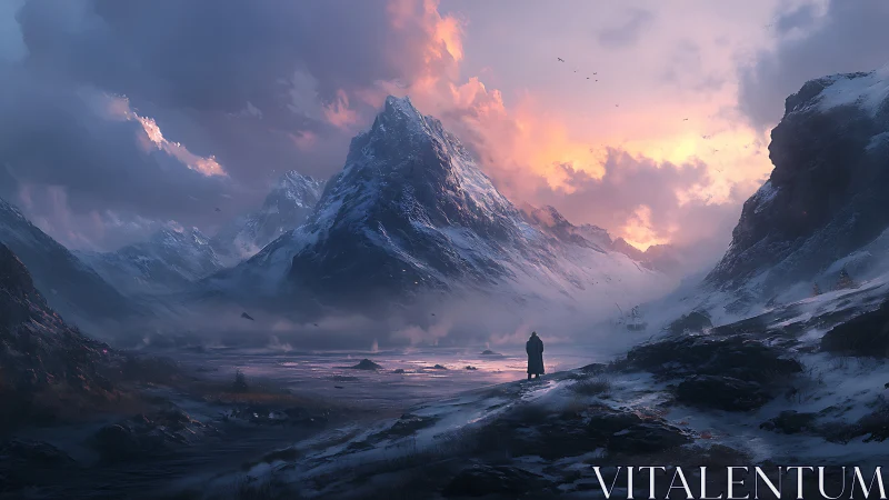 Solitary figure before snowcapped mountain at sunset.