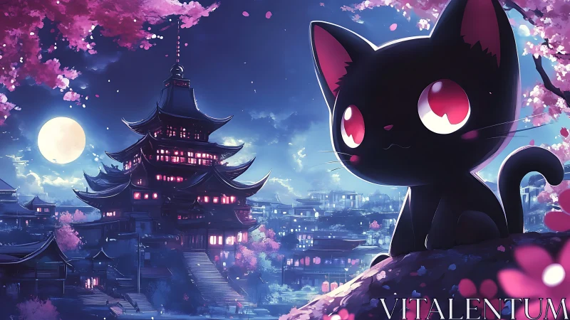 Moonlit temple hushes while a red-eyed neko guards spring