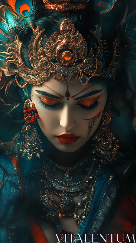 Mythic goddess portrait renders ornate jeweled regalia in detail