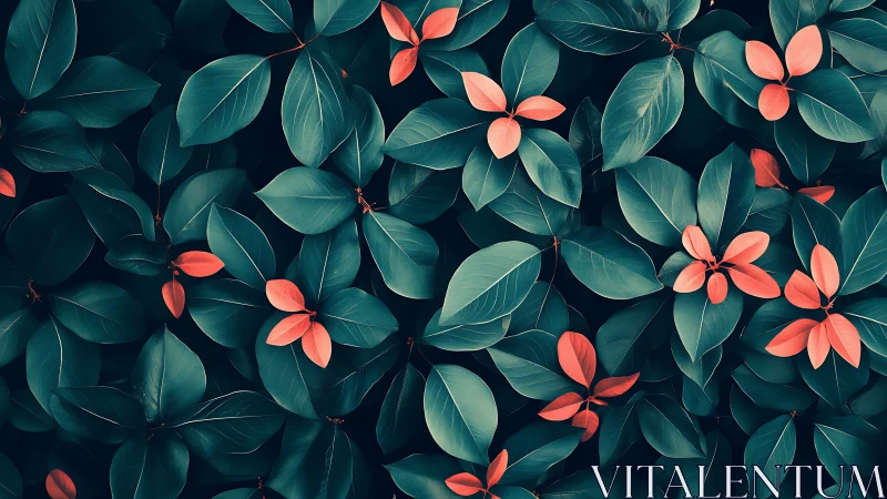 Green foliage with contrasting coral leaves fills the frame