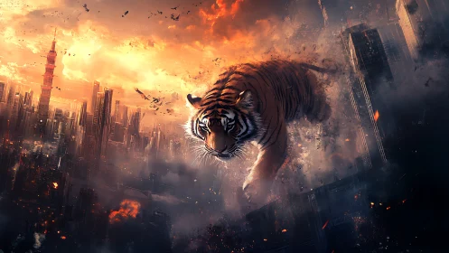 Roaring tiger spirit strides through a burning future cityscape