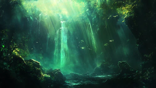 Emerald jungle waterfall glows softly in peaceful hidden light
