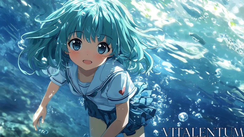 Schoolgirl swims underwater with luminous bubbles and light