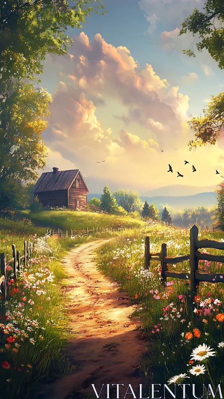 Country dirt path leading to quiet cabin at sunset.