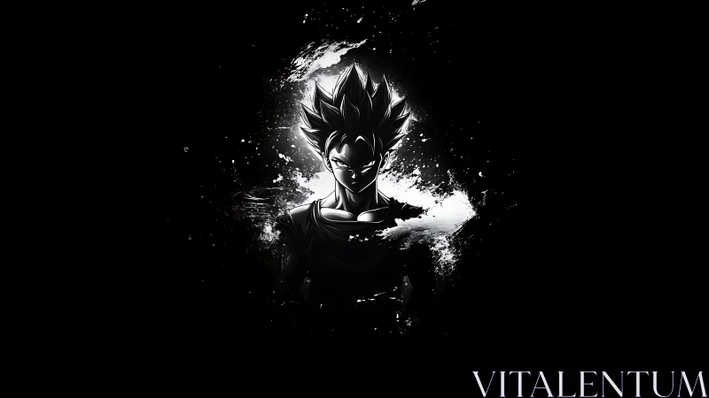 Monochrome spiky haired anime warrior in splatter vignette