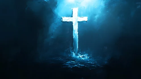 Luminous white cross in deep blue abstract environment.