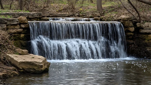 Small stone dam waterfall in wooded creek setting.